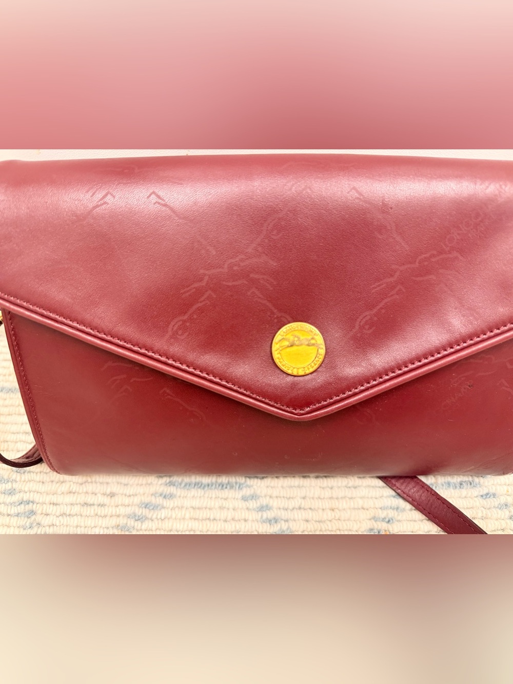 LONGCHAMP Vintage 80’s Rare Burgundy Embossed Horse Leather Crossbody Clutch - Picture 3 of 16